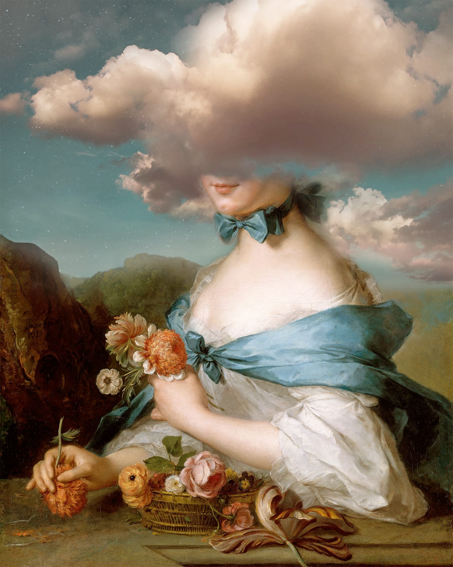 Portrait of a 16th century woman with her head obscured by clouds.