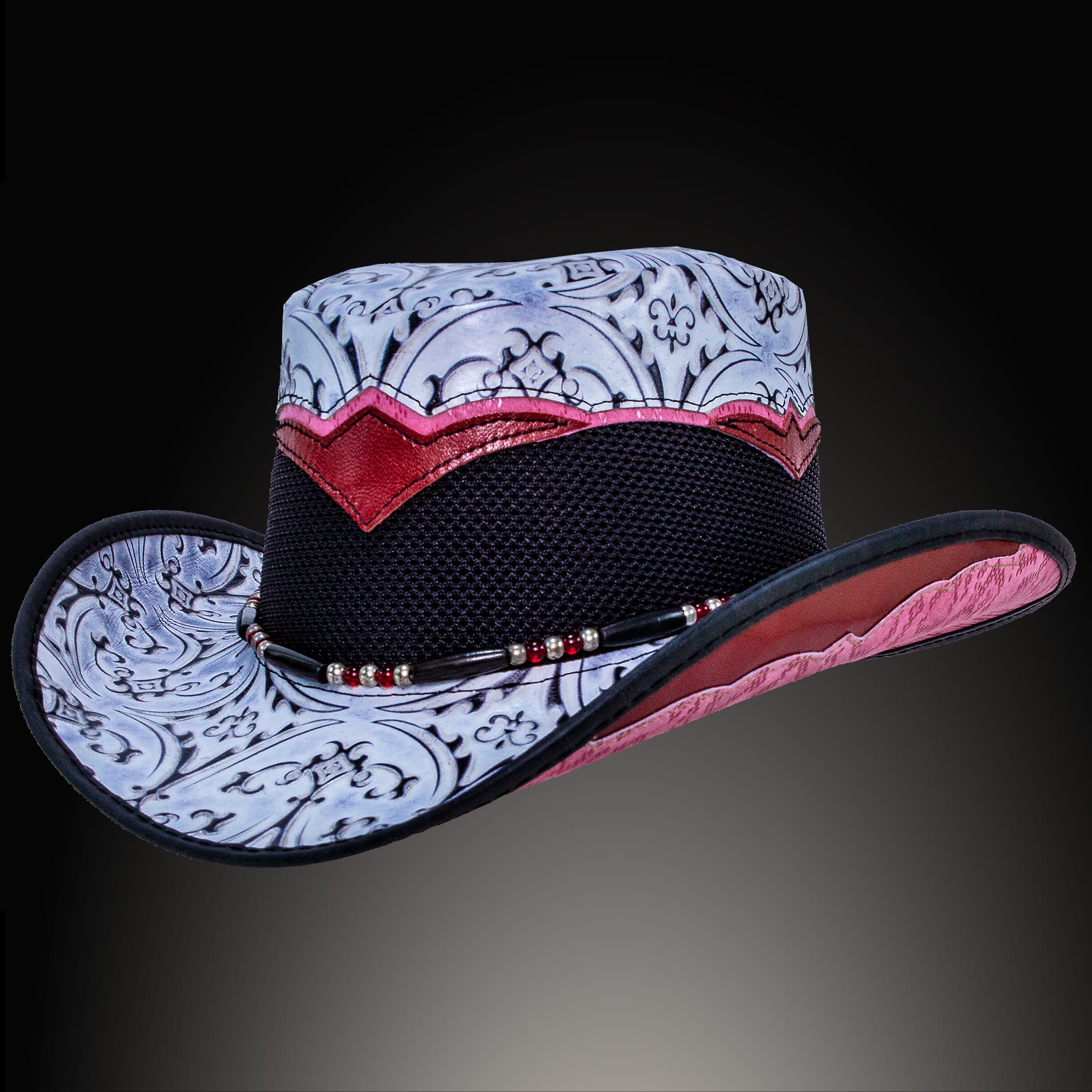 a hat with red accents