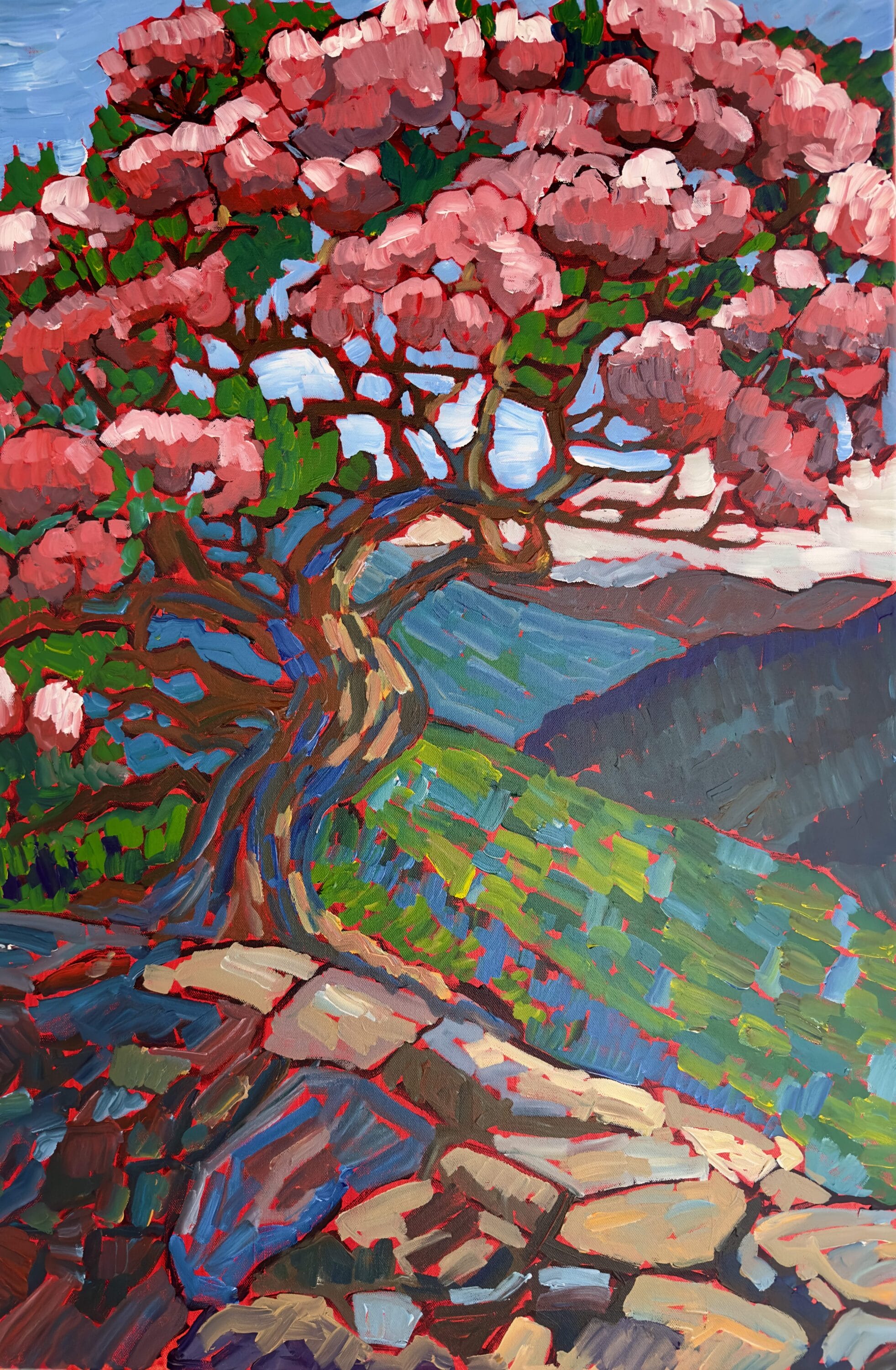 Expressionist painting of pink flowered tree on a hillside