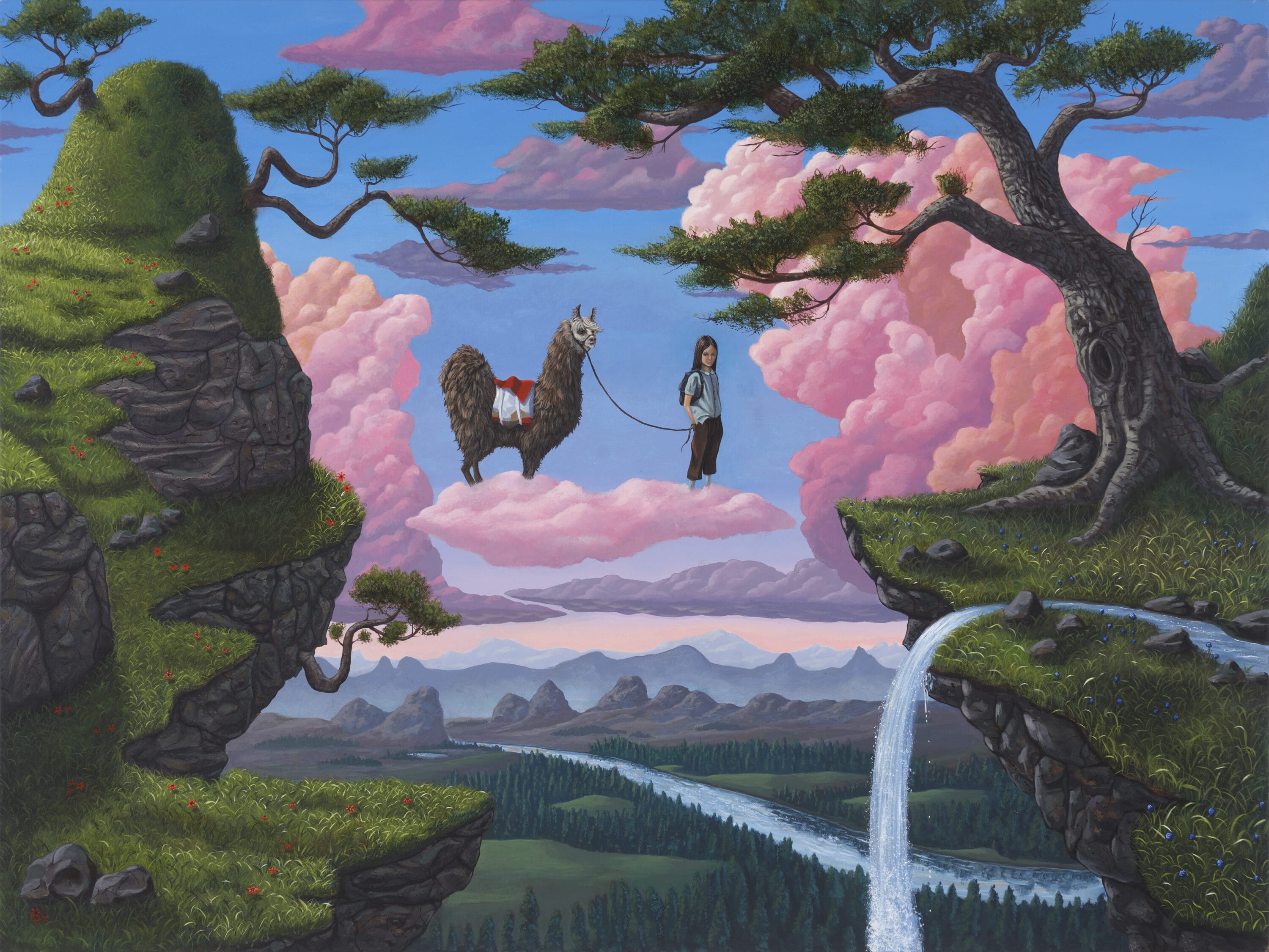 a woman leading an alpaca across pink clouds