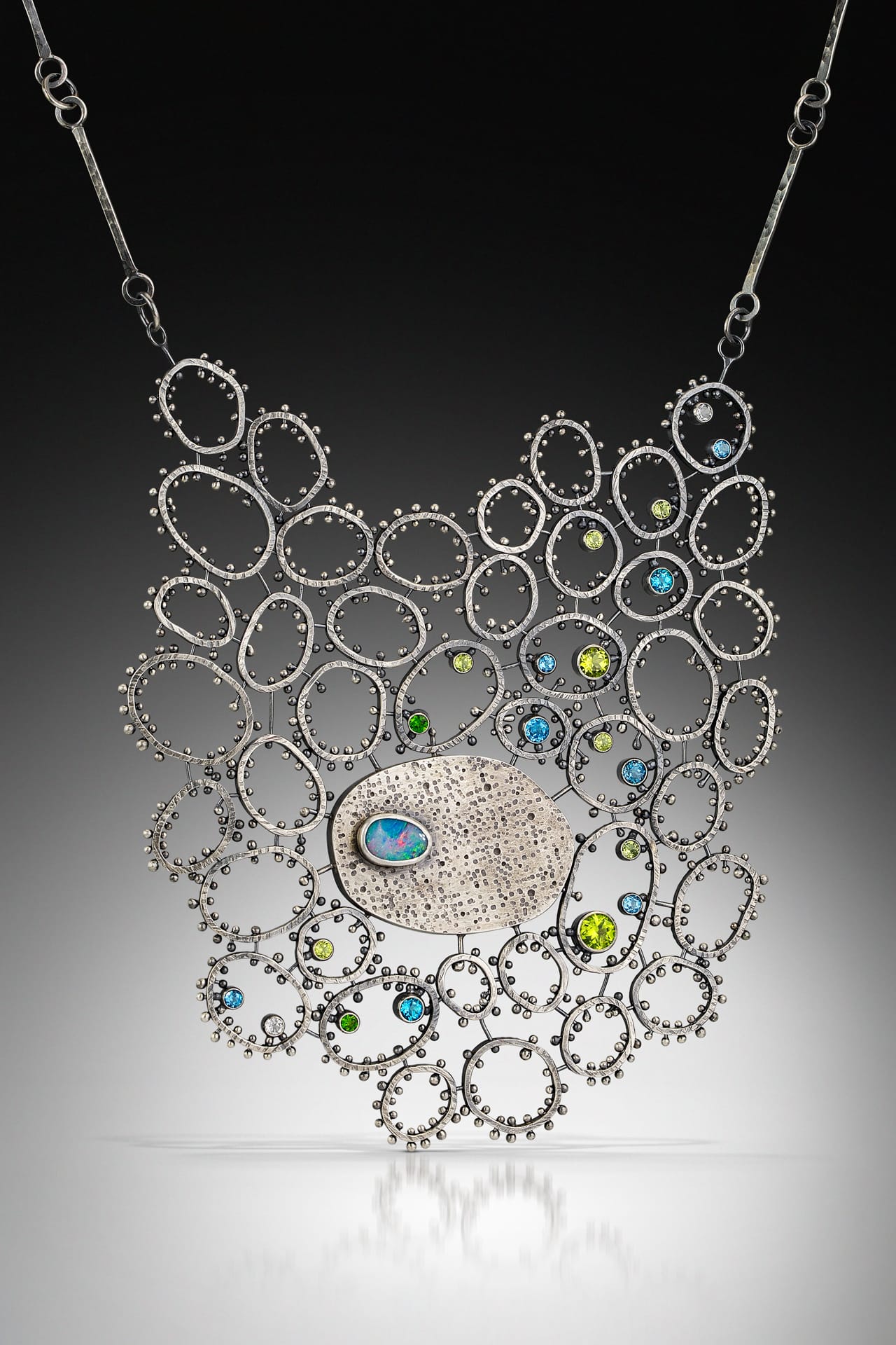 Necklace made from interlocking orgranic circular shapes.