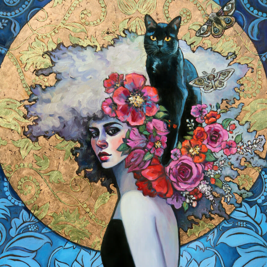 Oil painting with gold and copper leaf depicting a person with flowers and a cat in their hair.