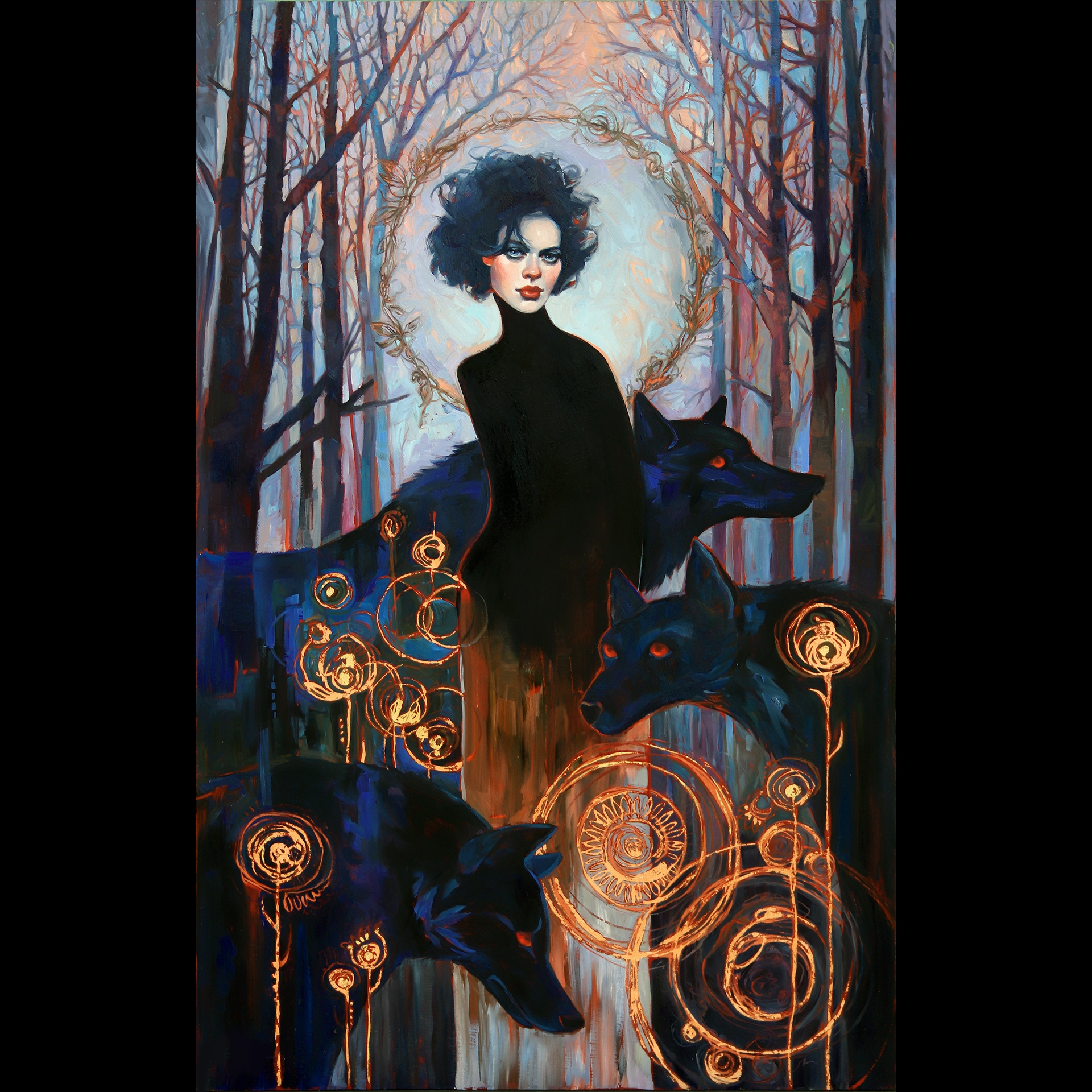 A woman in the woods surrounded by wolves.