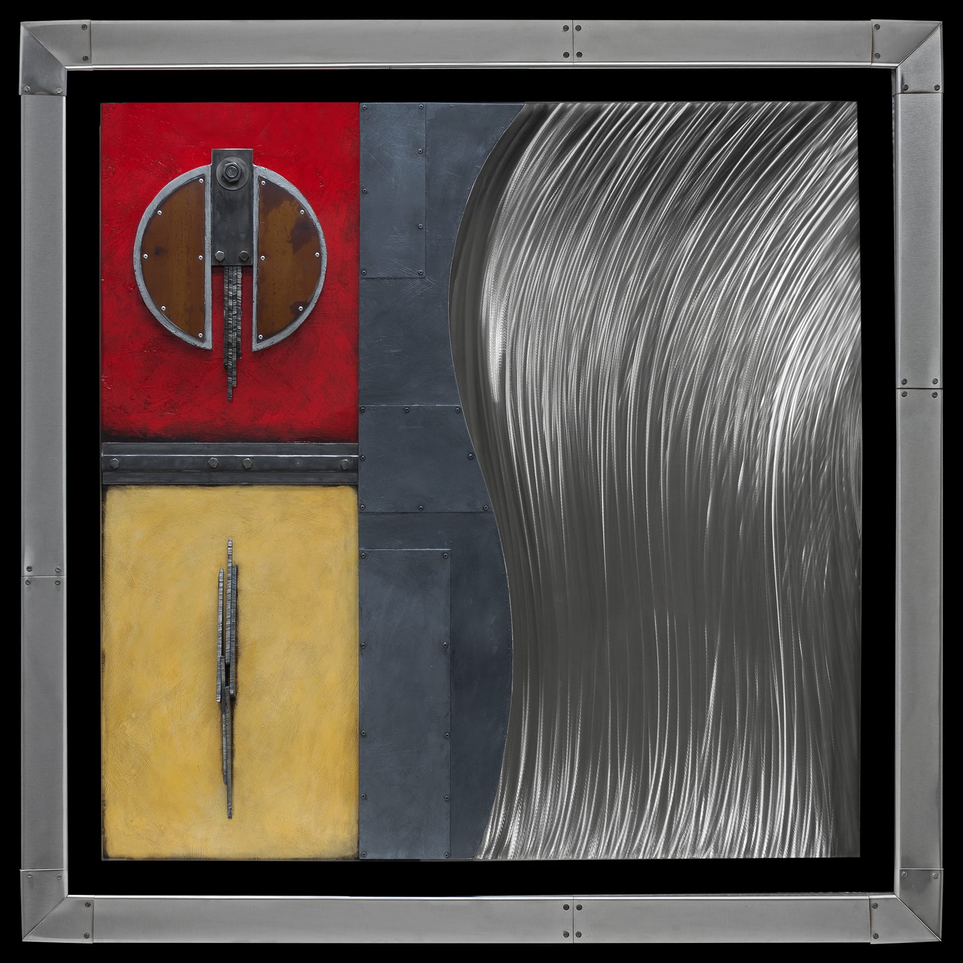 silver, red and beige abstract art.
