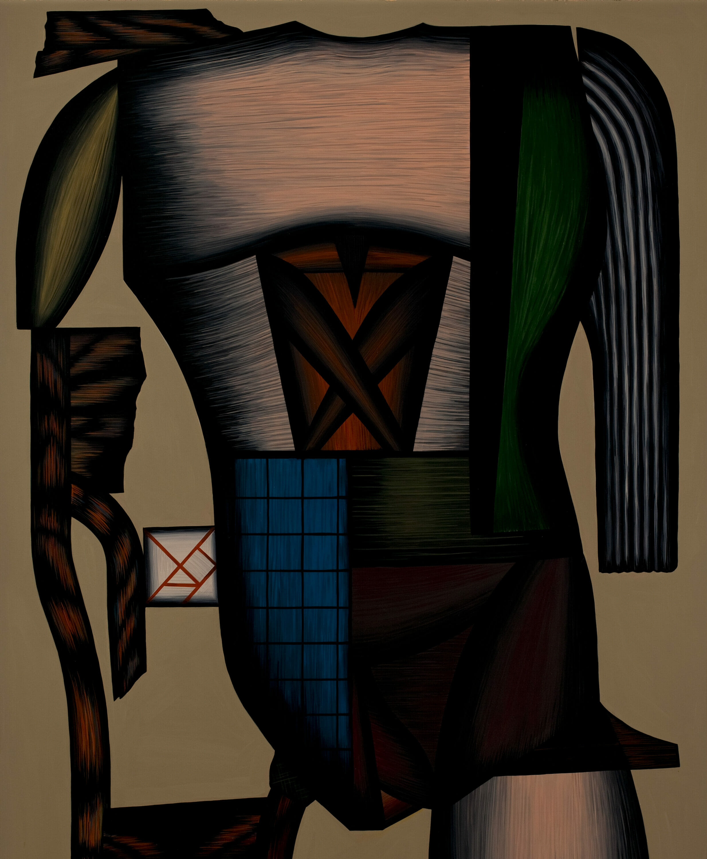 Acrylic painting resembling the torso of possibly a woman, rendered in geometric or abstract fashion. Her forearms are cut off and she has a single thigh. Vertical and horizontal strokes are visible. The figure has a broad chest and shoulder.