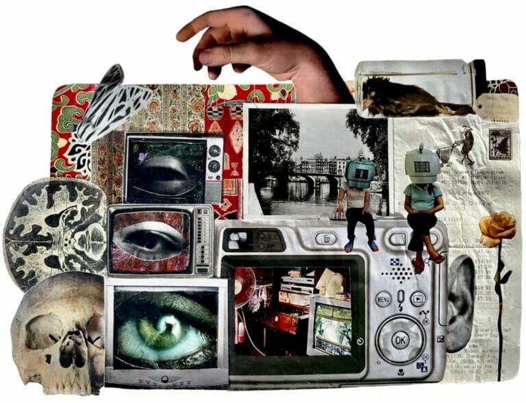 Collage featuring cut out images of television screens, a camera, various images of eyes, and more.