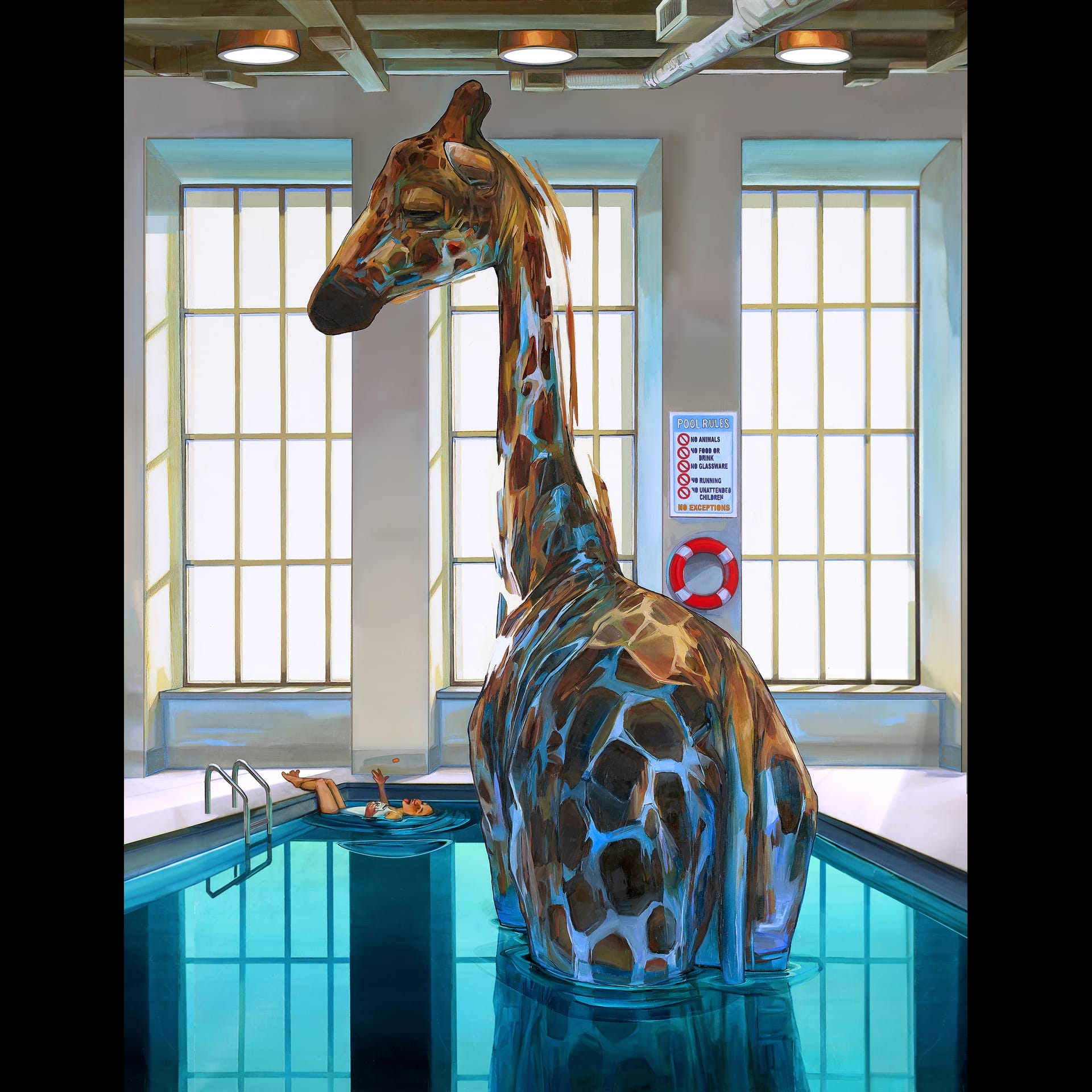 A giraffe in a swimming pool.