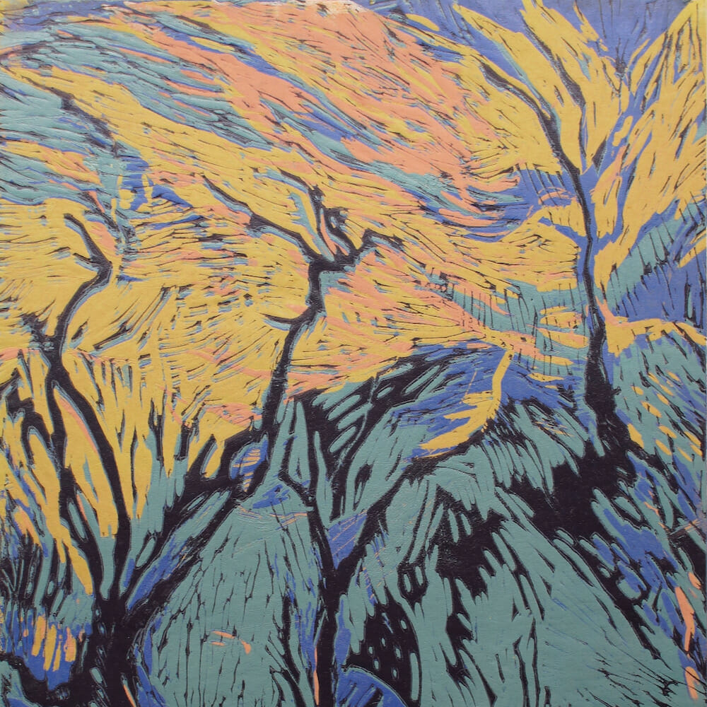 Linocut print depicting trees
