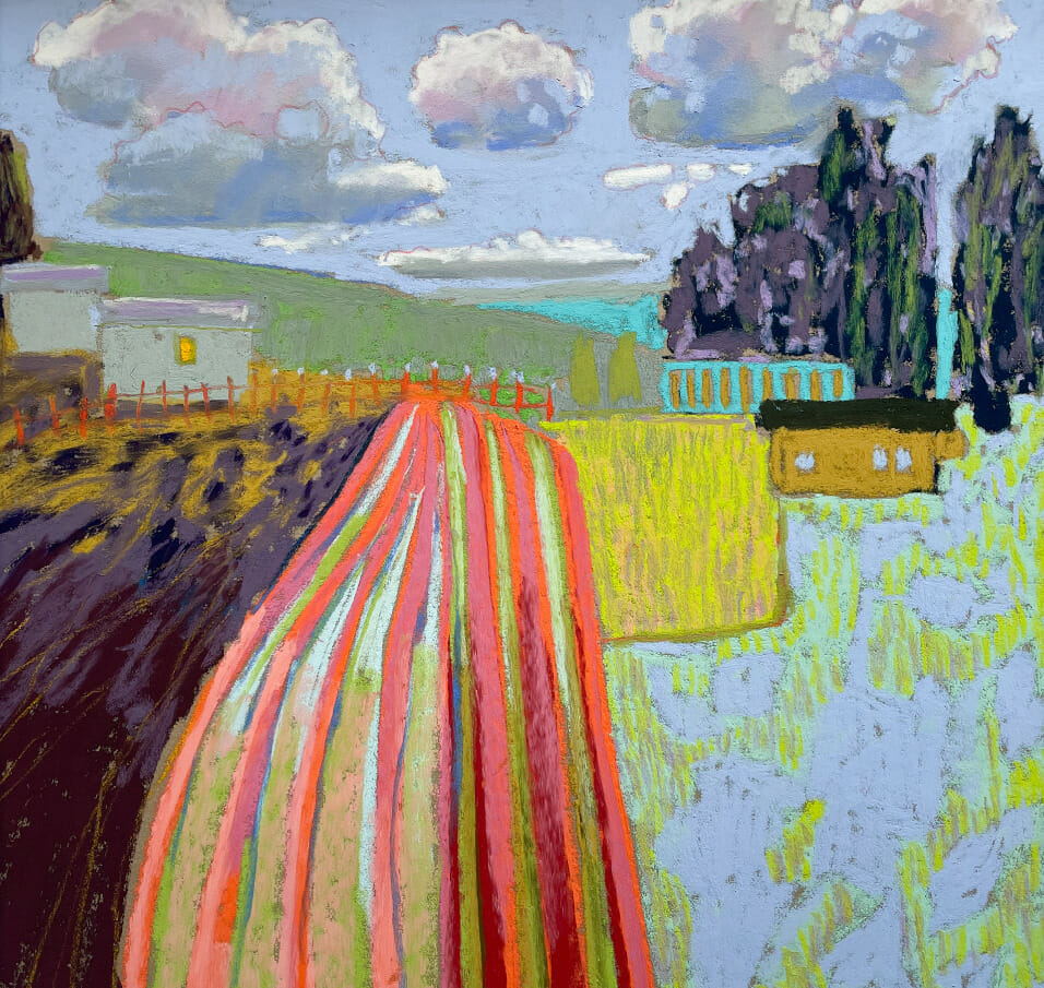 Pastel drawing depicting farm fields with buildings, trees, and a cloudy sky in the distance.