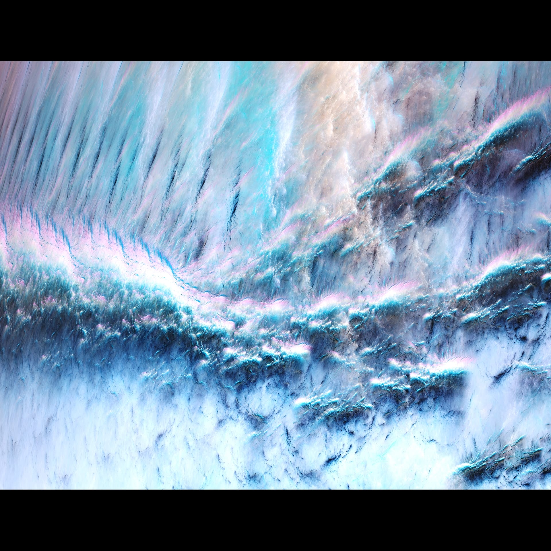 Abstract digital art work resembling a snowy cliff side.