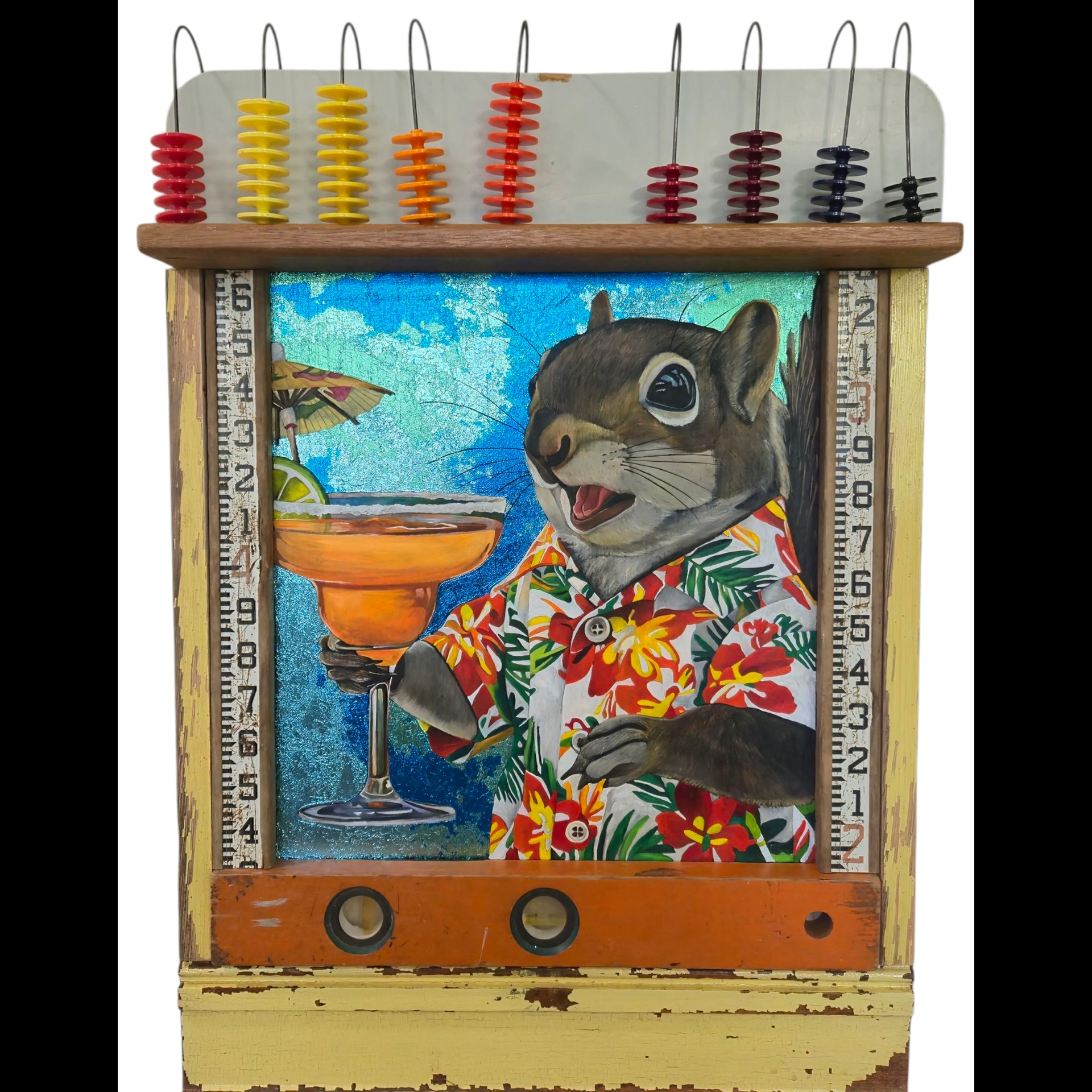 A painting of a squirrel drinking a cocktail on a found object.