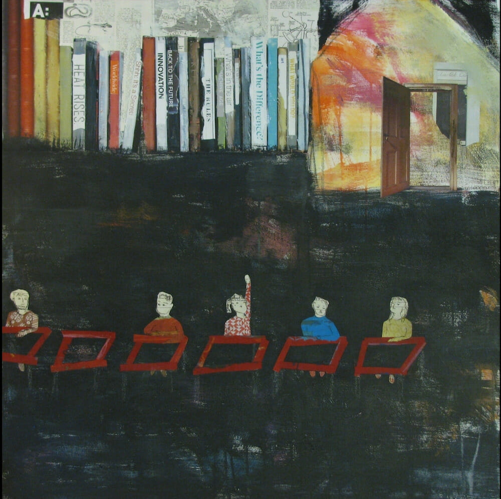 Abstracted painting depicting children seated at desks with one child raising their hand. Books are seen on a shelf at the top left corner, and a door to a house or building is open on the right.