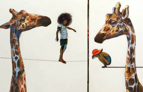 Digital art showing one kid standing on a tight rope and another kid squatting on the edge of a diving board. Two giraffes stand among them.