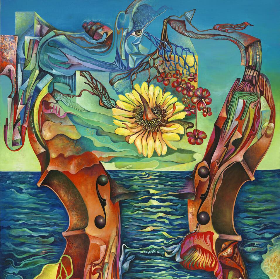 Painting of a broken violin rising from the sea with a flower in between the broken halves.