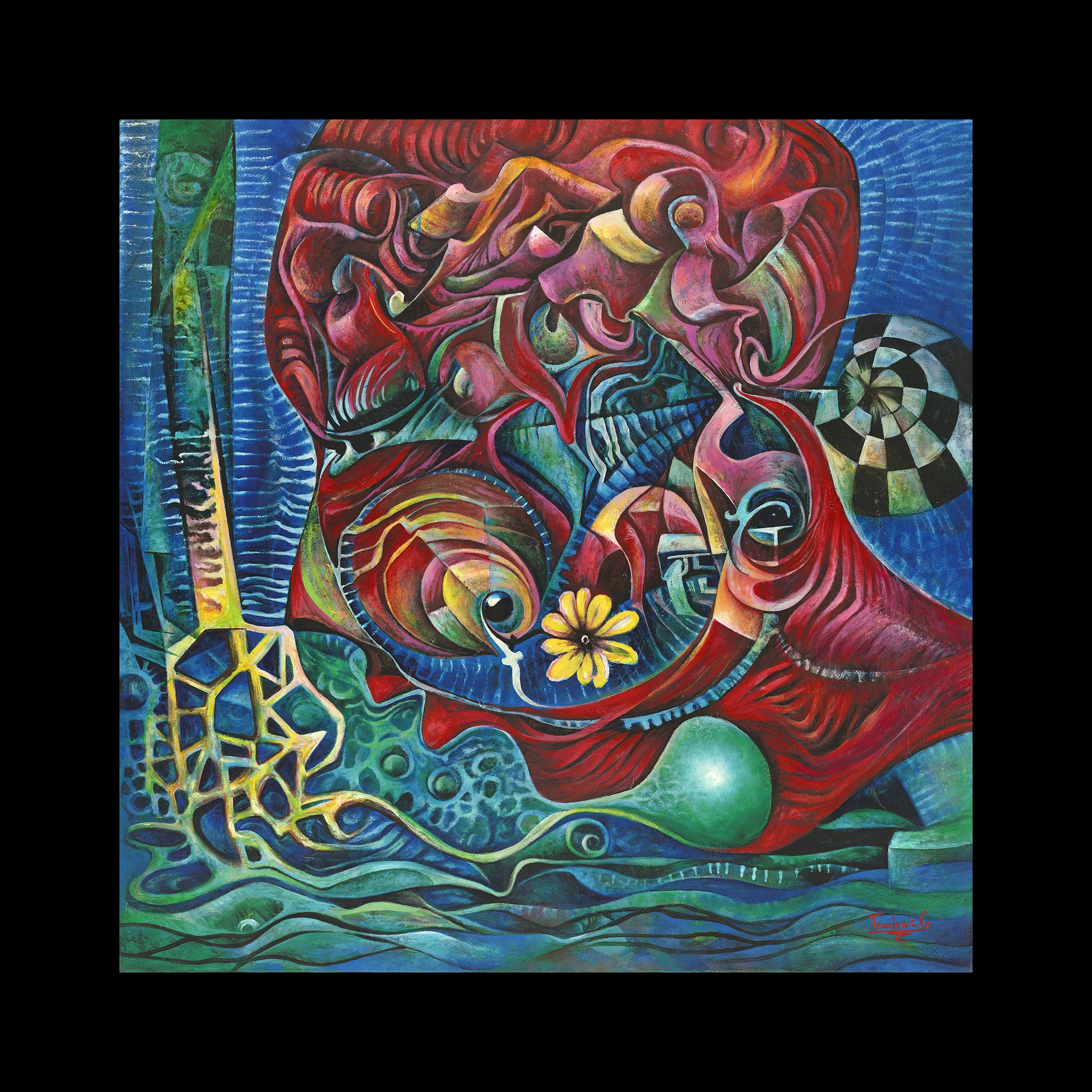 An abstract painting with nature elements.