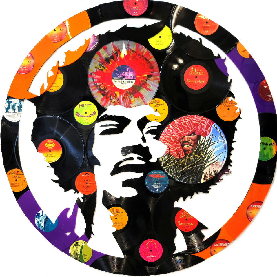 Mixed media artwork depicting Jimi Hendrix.