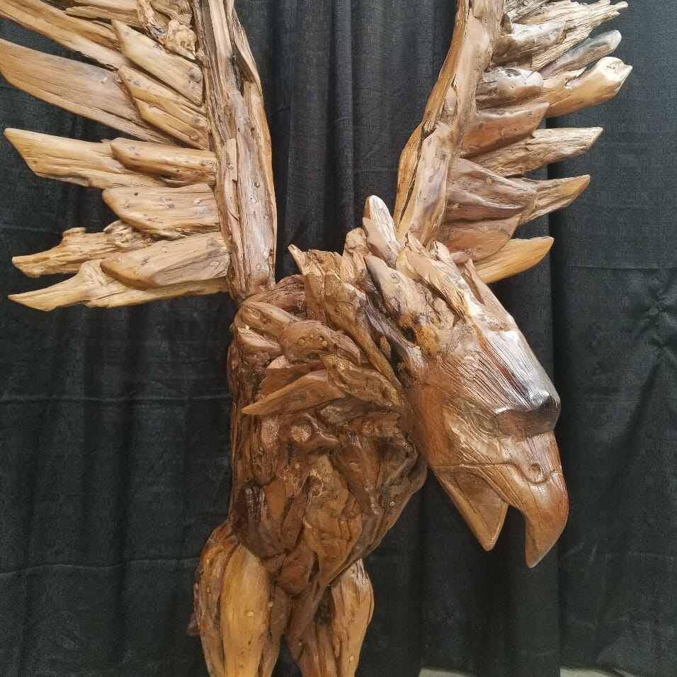 Wooden sculpture of an eagle.