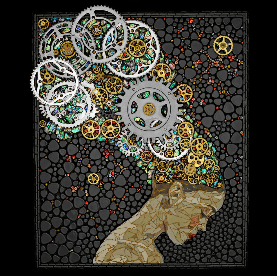 Mixed media piece depicting a person whose hair flows up. Their hair is made of gears.