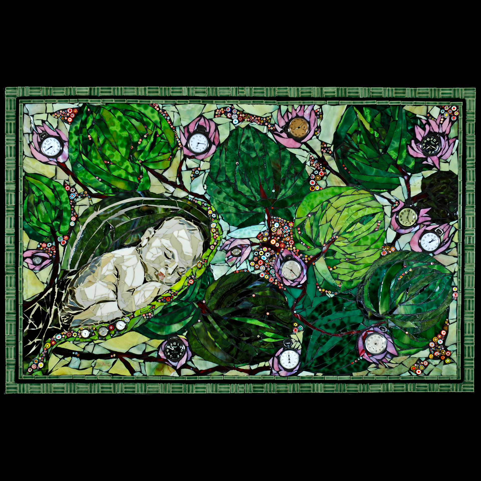 Many plants surrounding a baby.