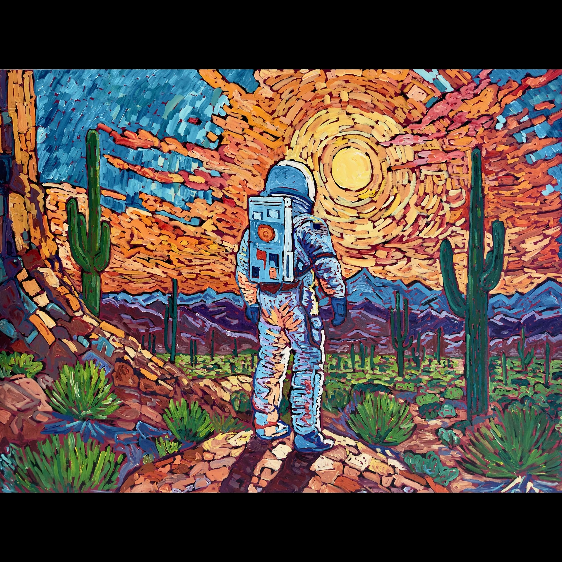 A painting of an astronaut watching a sunset in the desert.