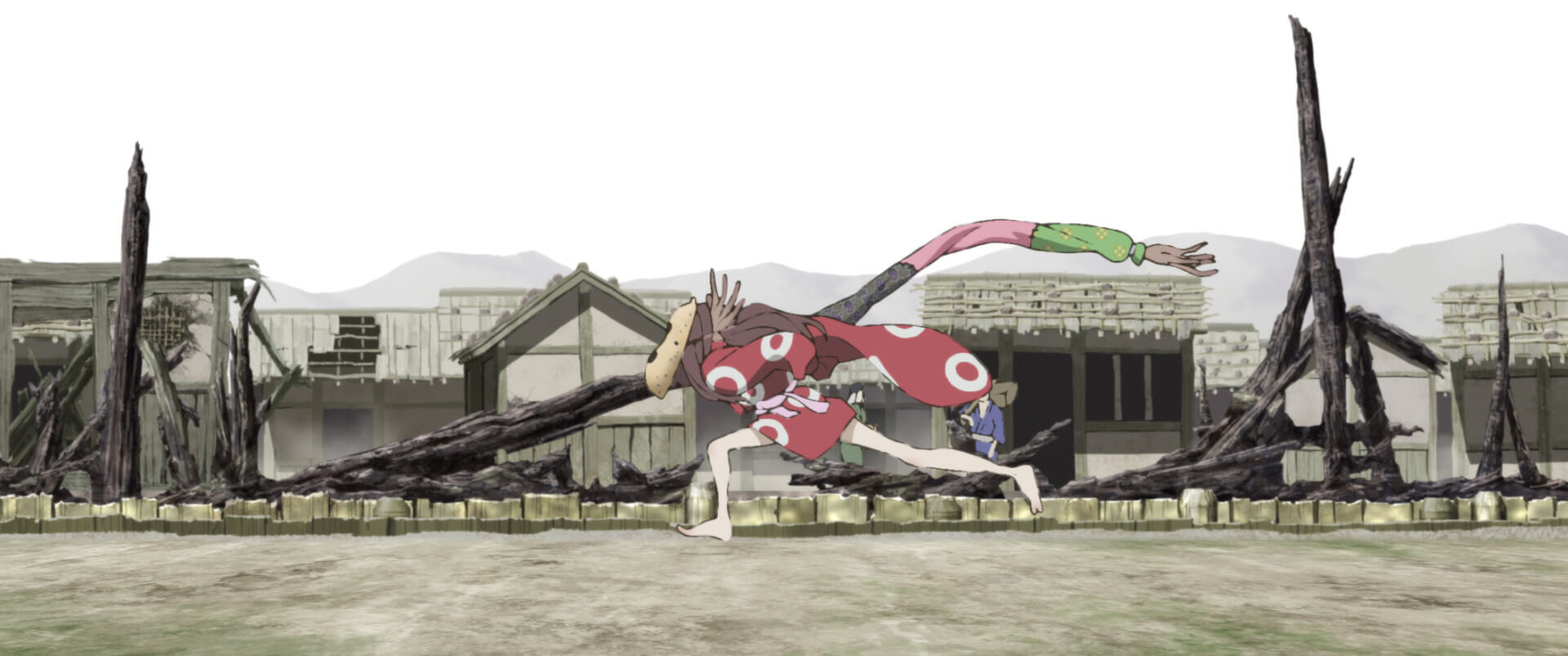Film still from the animated film Inu-Oh depicting a person running through a neighborhood.