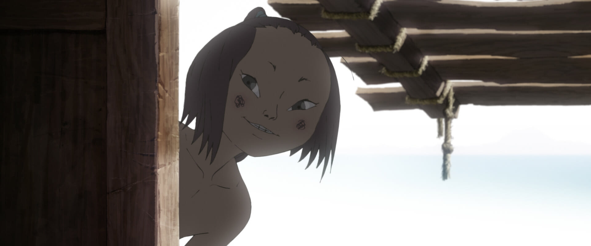 Film still from the animated film Inu-Oh depicting a person outdoors peaking from behind an entryway.