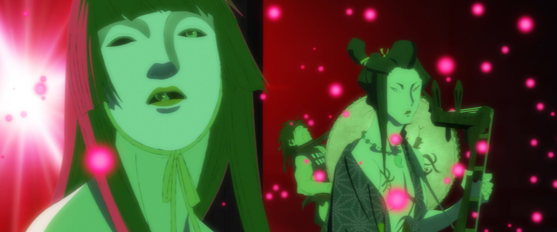 Film still from the animated film Inu-Oh with three people.