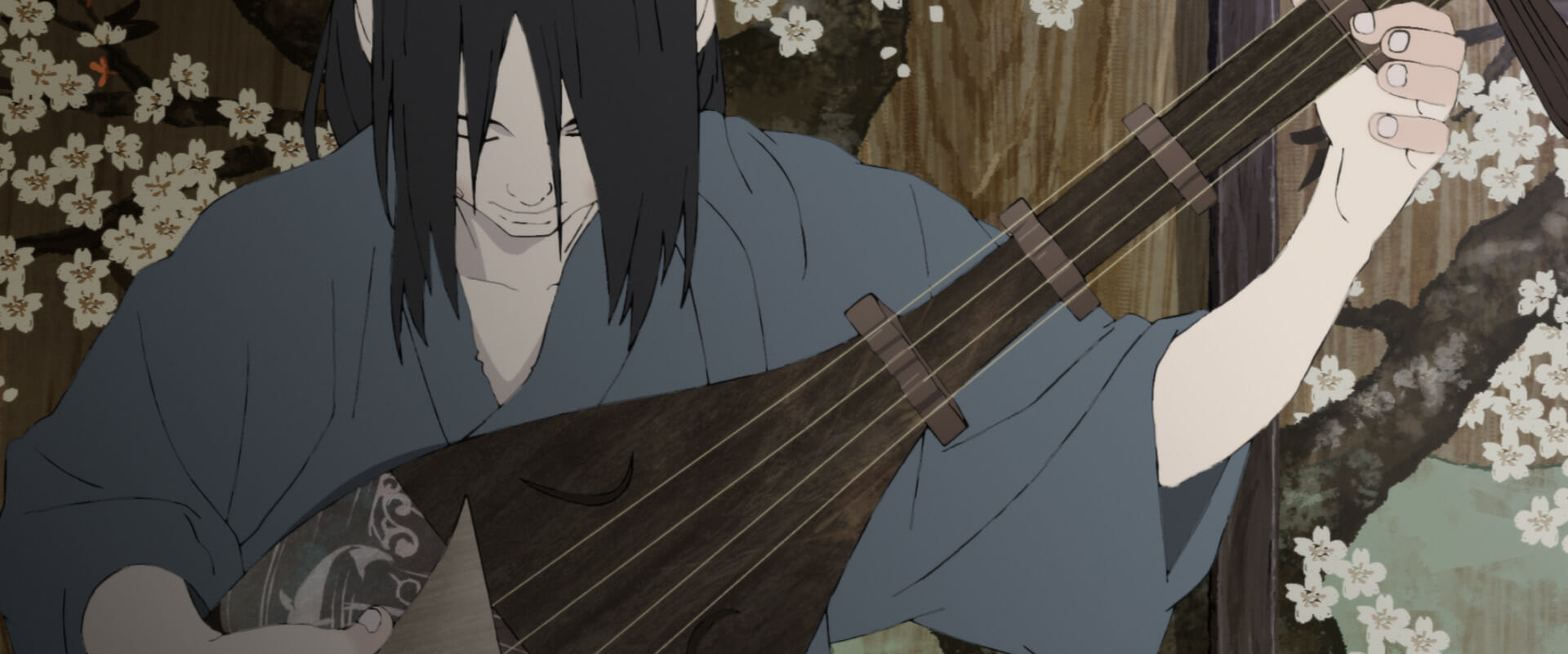 Film still from the animated film Inu-Oh depicting a person playing a stringed instrument.