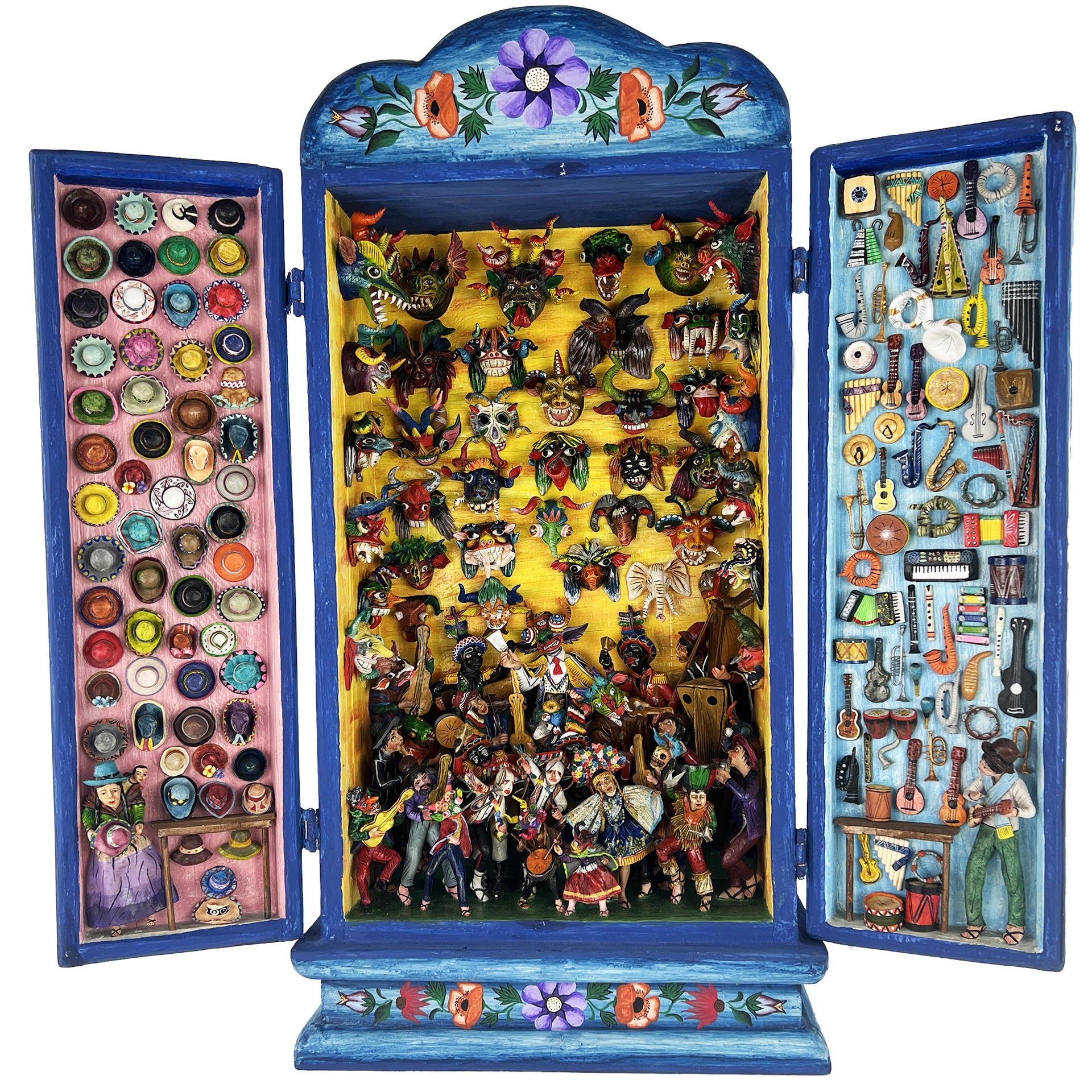 Small figurines in a display case.