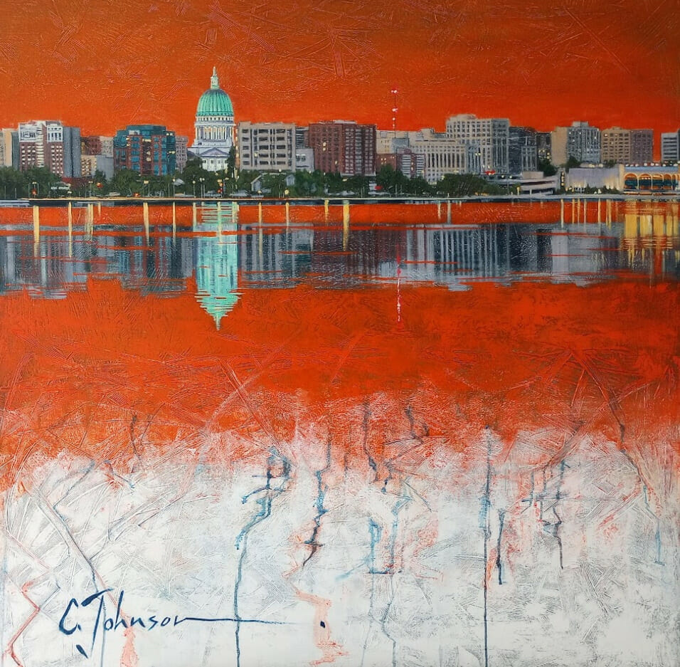Landscape horizon view of the Madison isthmus with the Capitol building visible in the distance.