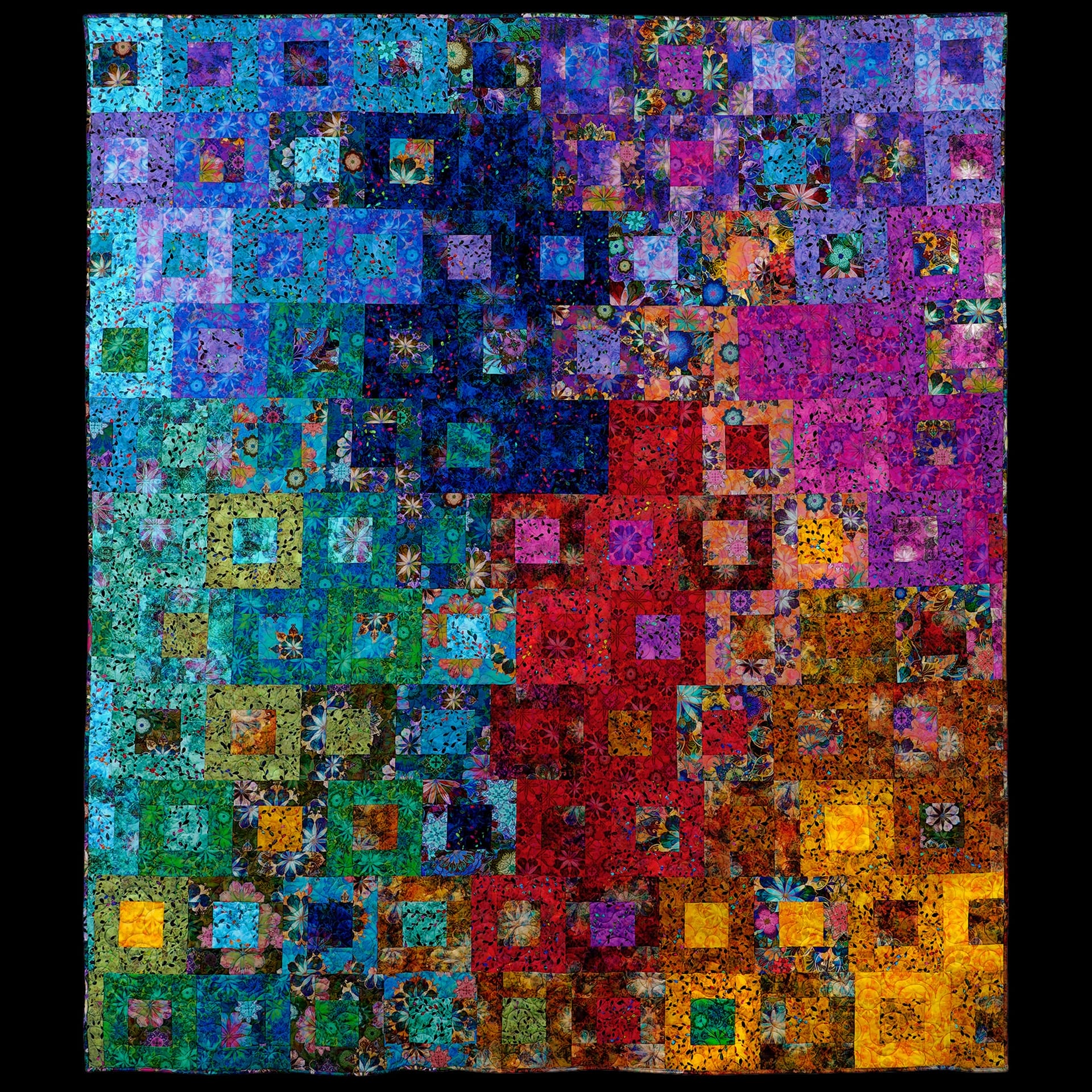 A colorful rug that blends together with a square pattern.