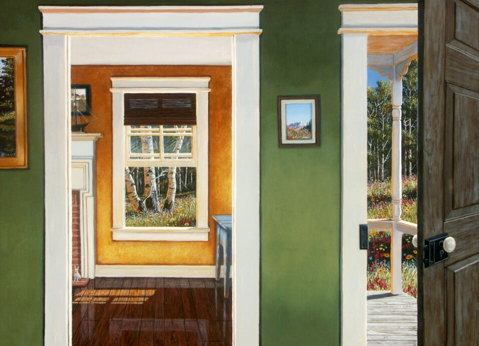 Painting showing the interior of a house with a doorway opening into another room, as well as a window and the front door opening to the outdoors.