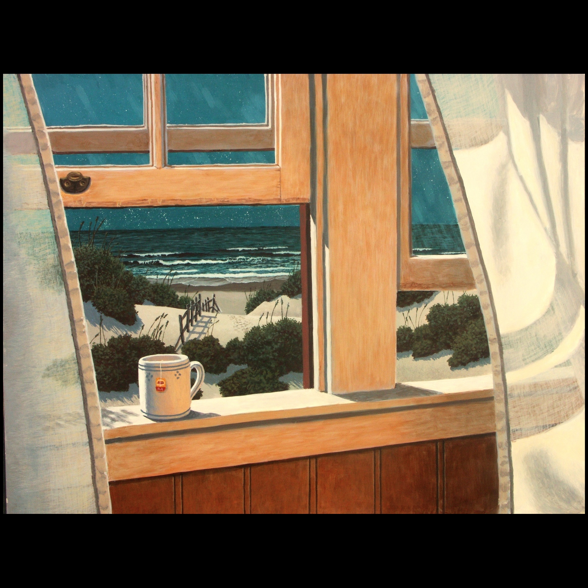 A painting of a mug in a window sill.