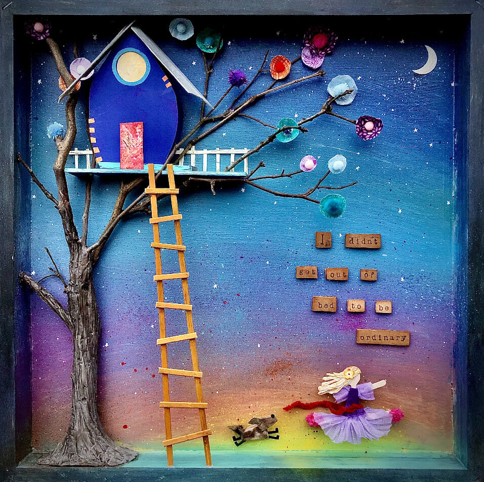 Mixed media shadow box artwork depicting a treehouse, a running child, and a chasing dog.