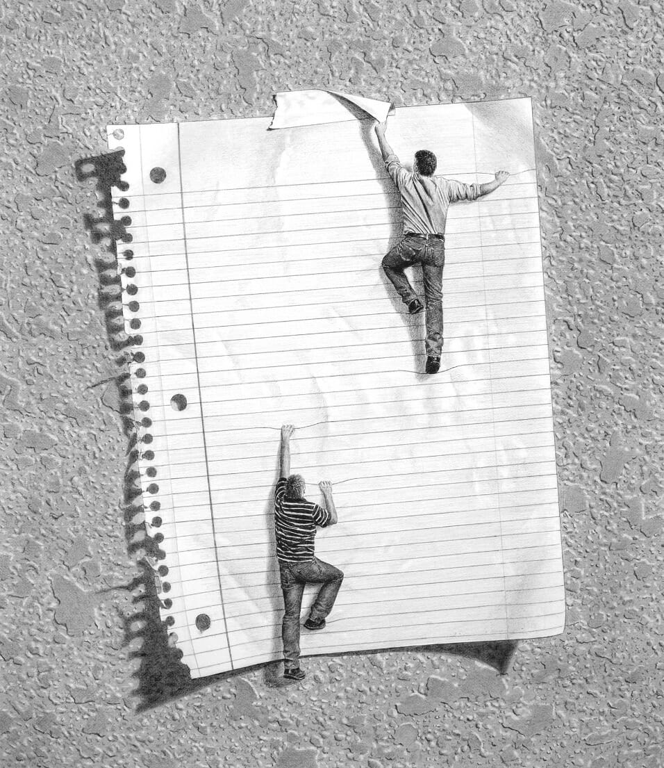 Graphite drawing showing two small people climbing up a piece of lined paper torn from a notebook and taped to a wall.