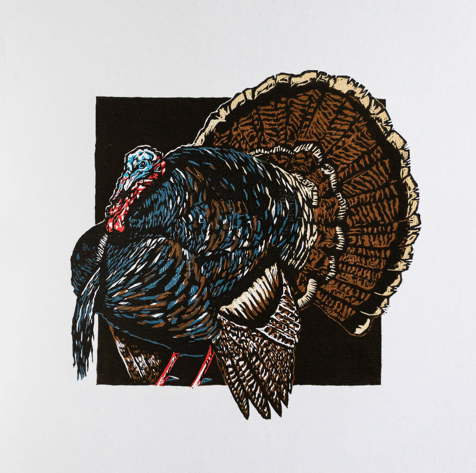 Woodcut relief print of a turkey.