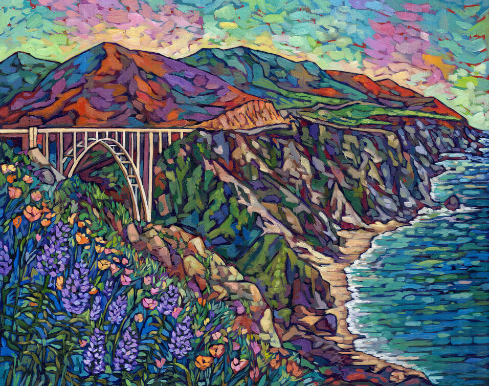 Abstract painting of a mountain range with a body of water and a bridge.