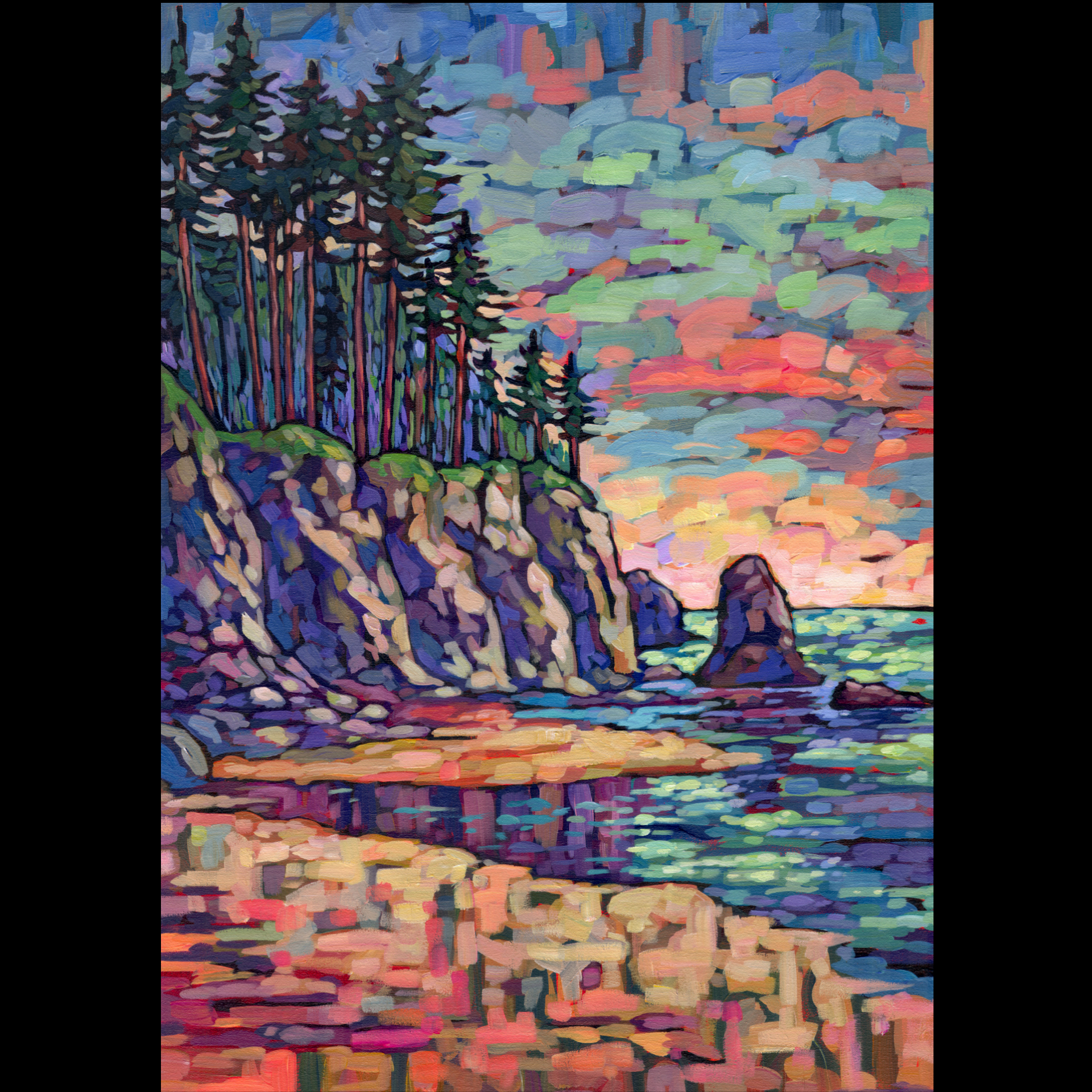 A painting of a cliffside by water.
