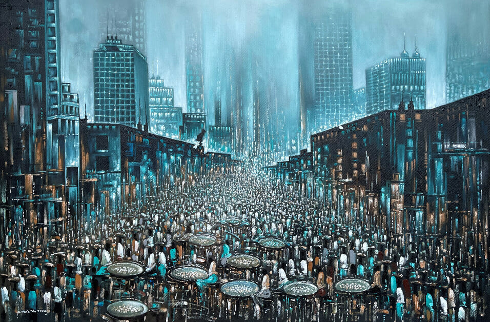 Painting of a city with a large crowd of people.