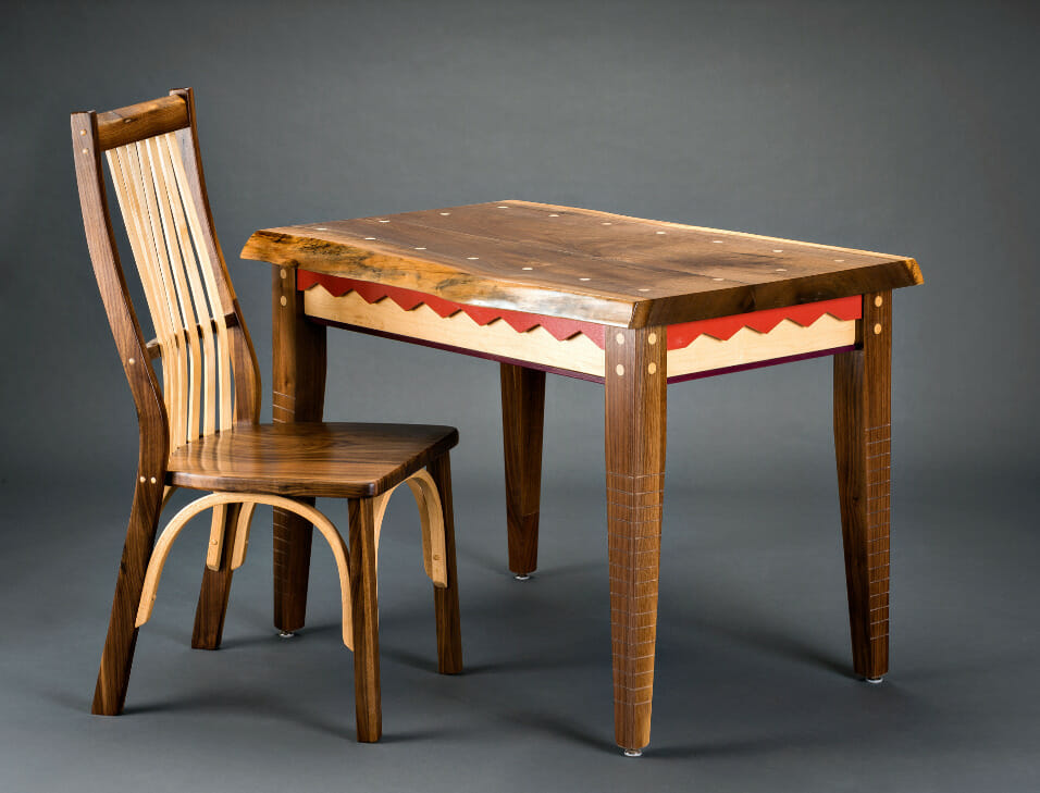 Wooden table and chair.