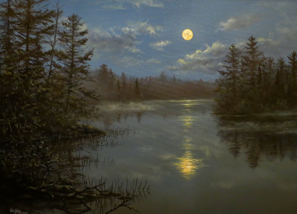 Painting of a river or body of water surrounded by trees with the moon in the sky.