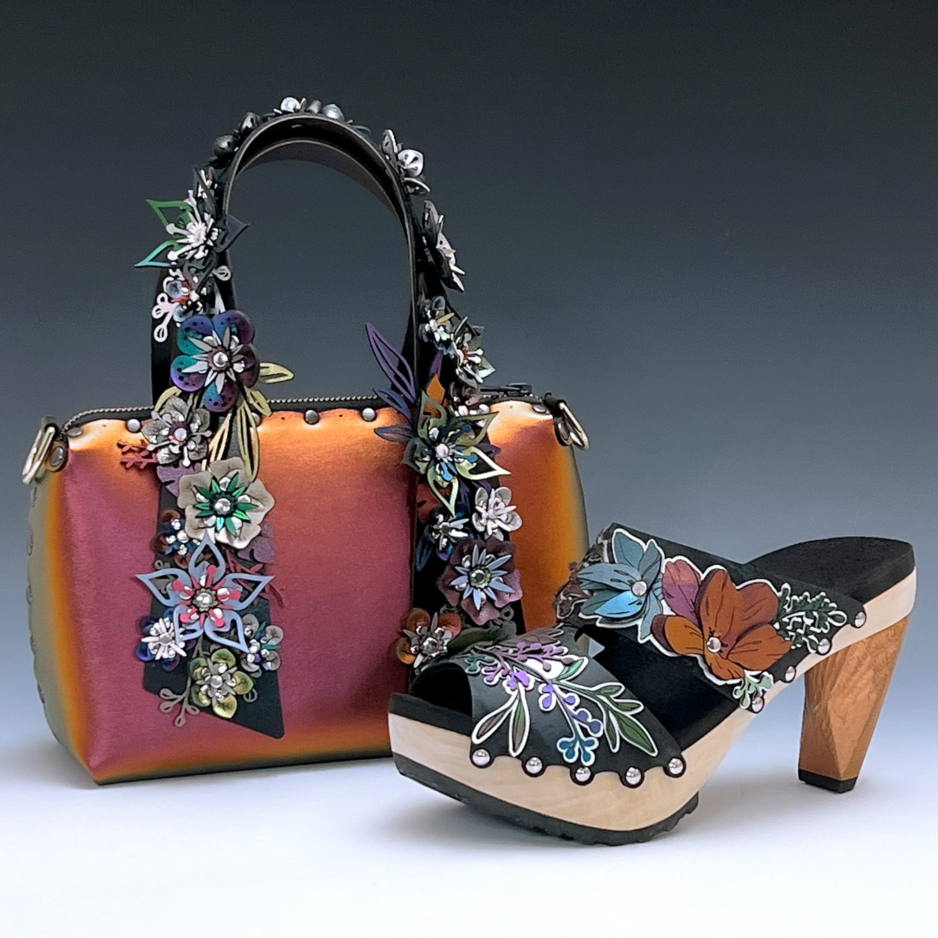 A floral shoe and purse.