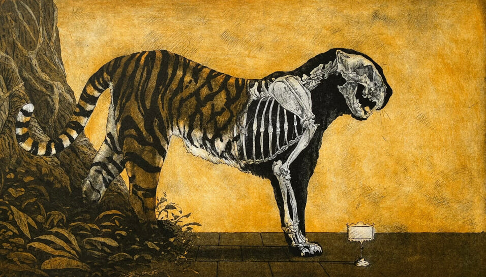 Painting of a wild tiger with part of its skeleton revealed.