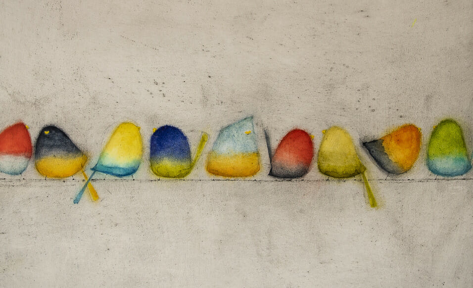 Painting of birds in a line.
