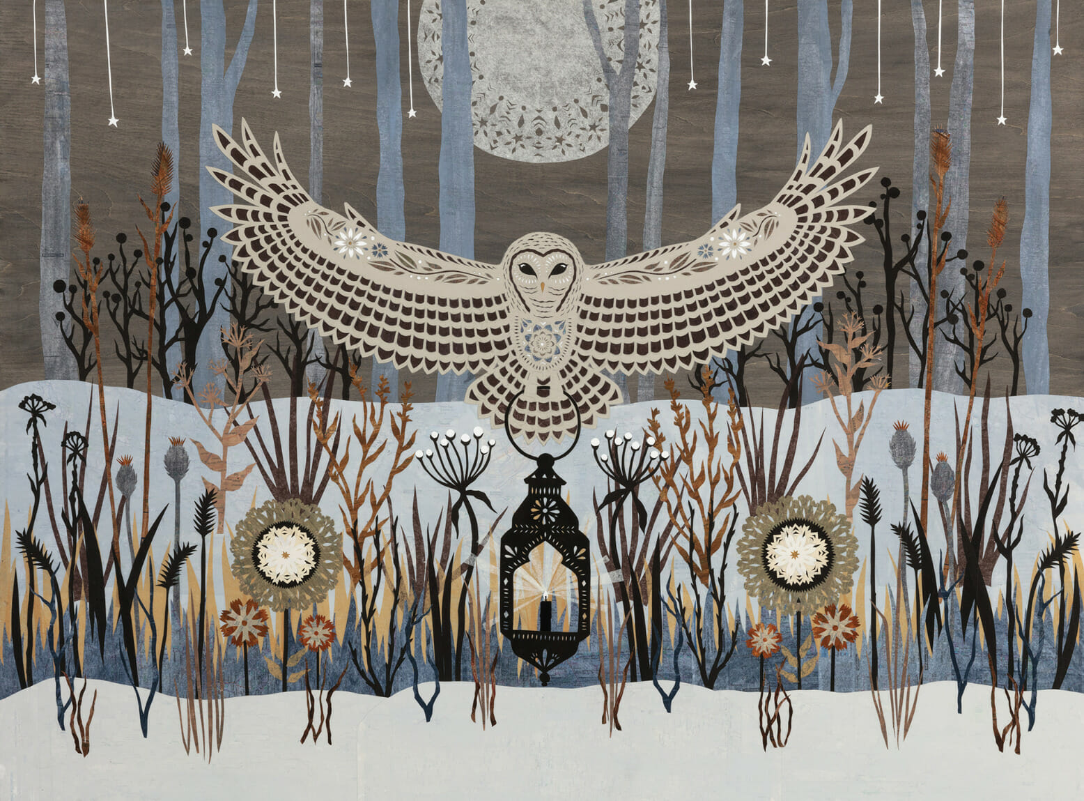 Handcut paper artwork depicting an owl flying in a snowy forest.