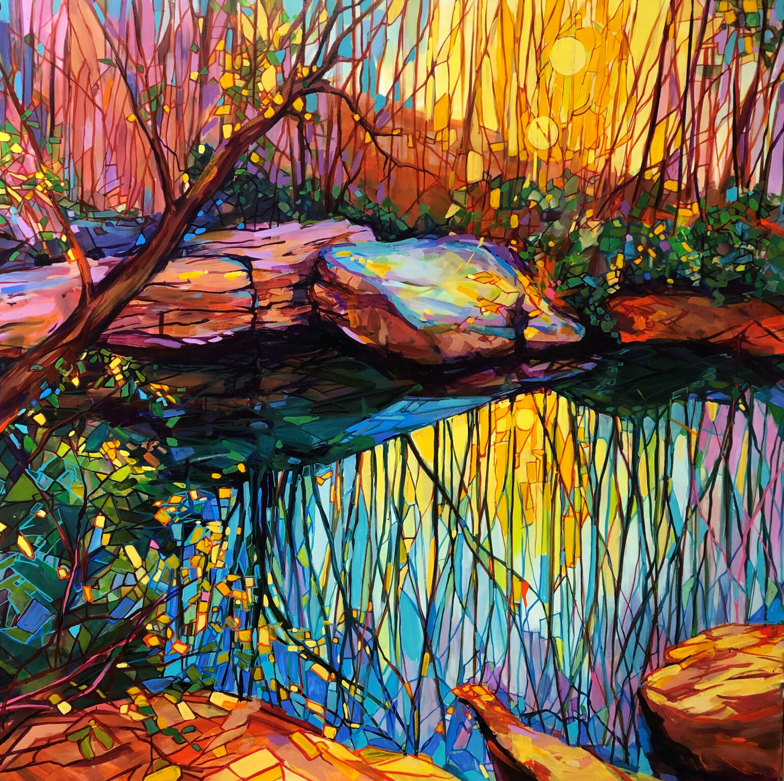 Painting of a lake in a forest.