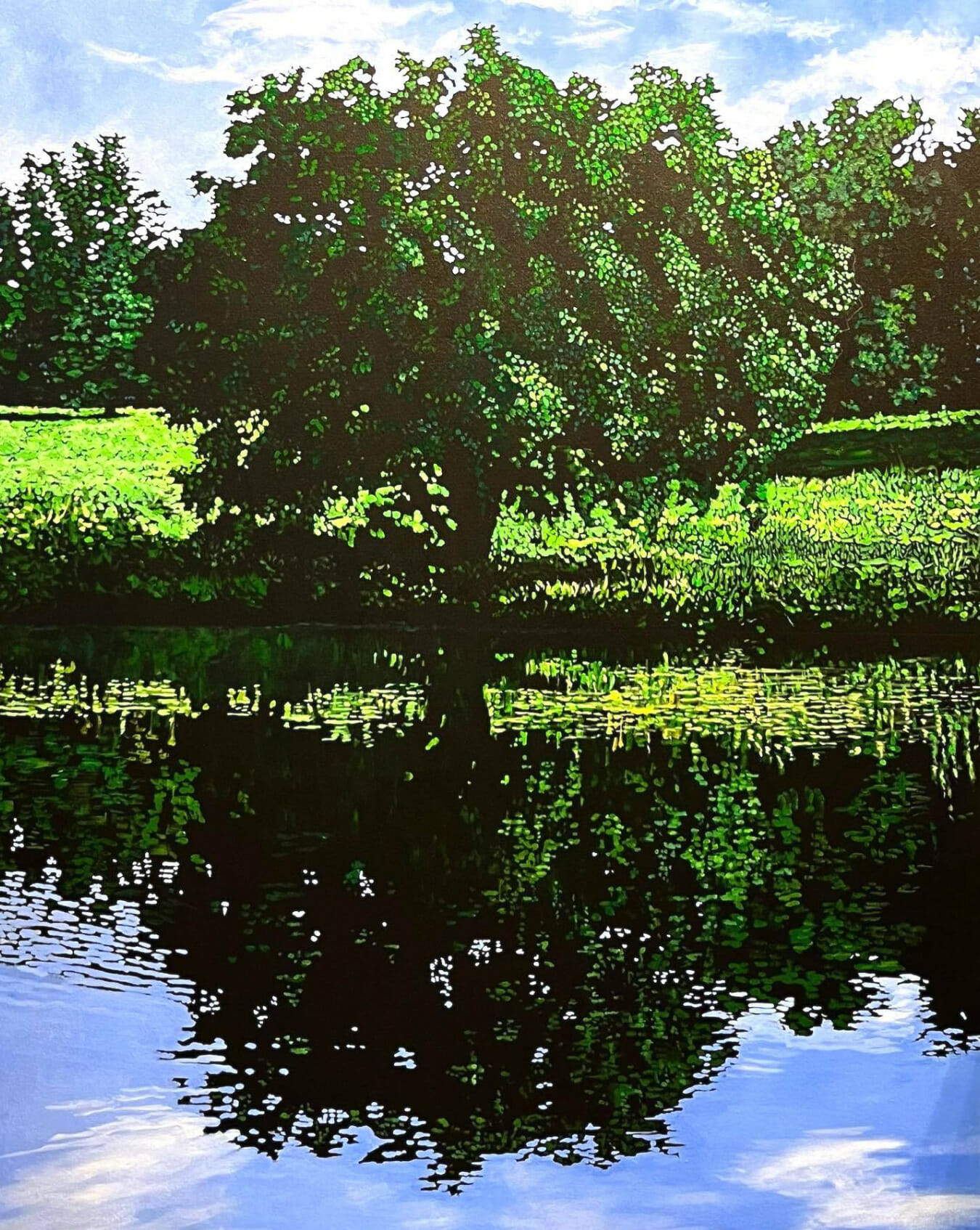 Impressionist painting at a tale with a large tree reflected in the water.