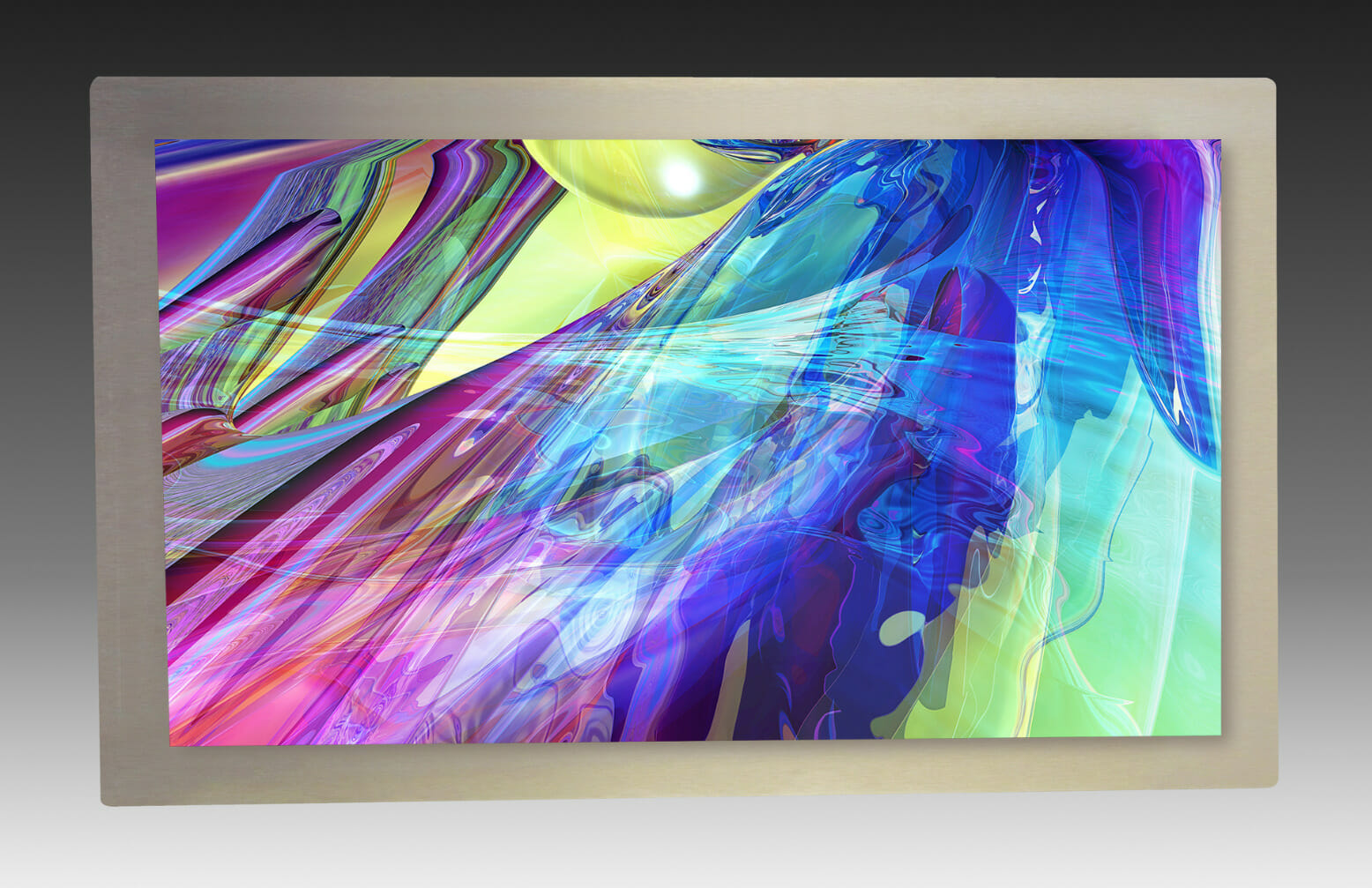 Abstract digital mixed media artwork presented on stainless steel.