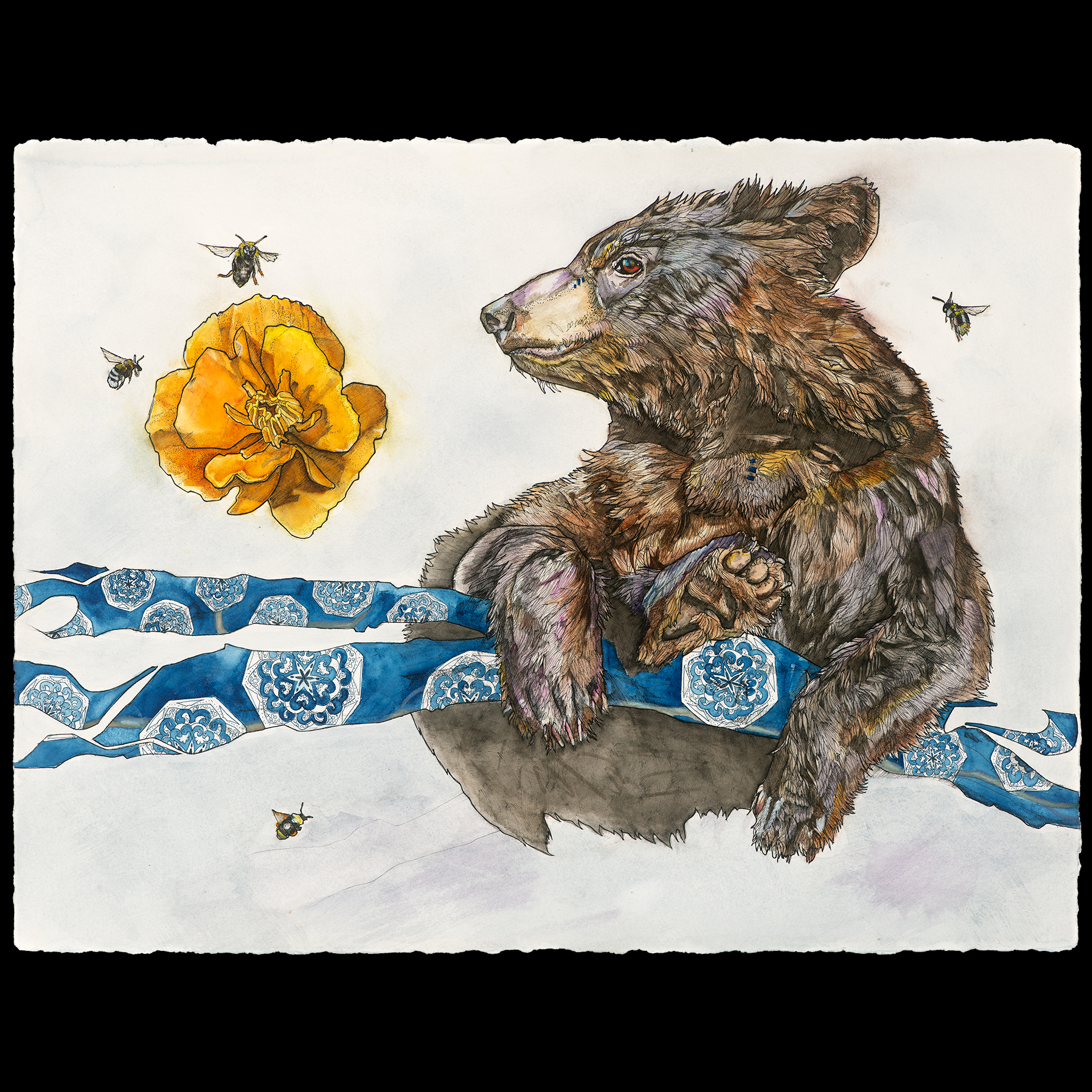 A bear sitting on a blue branch.