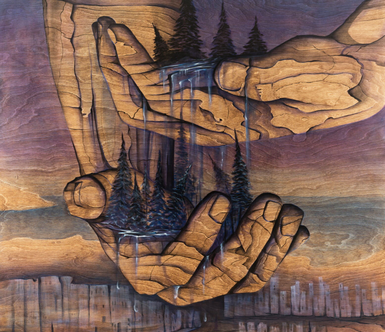Oil painting with two giant hands holding forests or trees on each hand.
